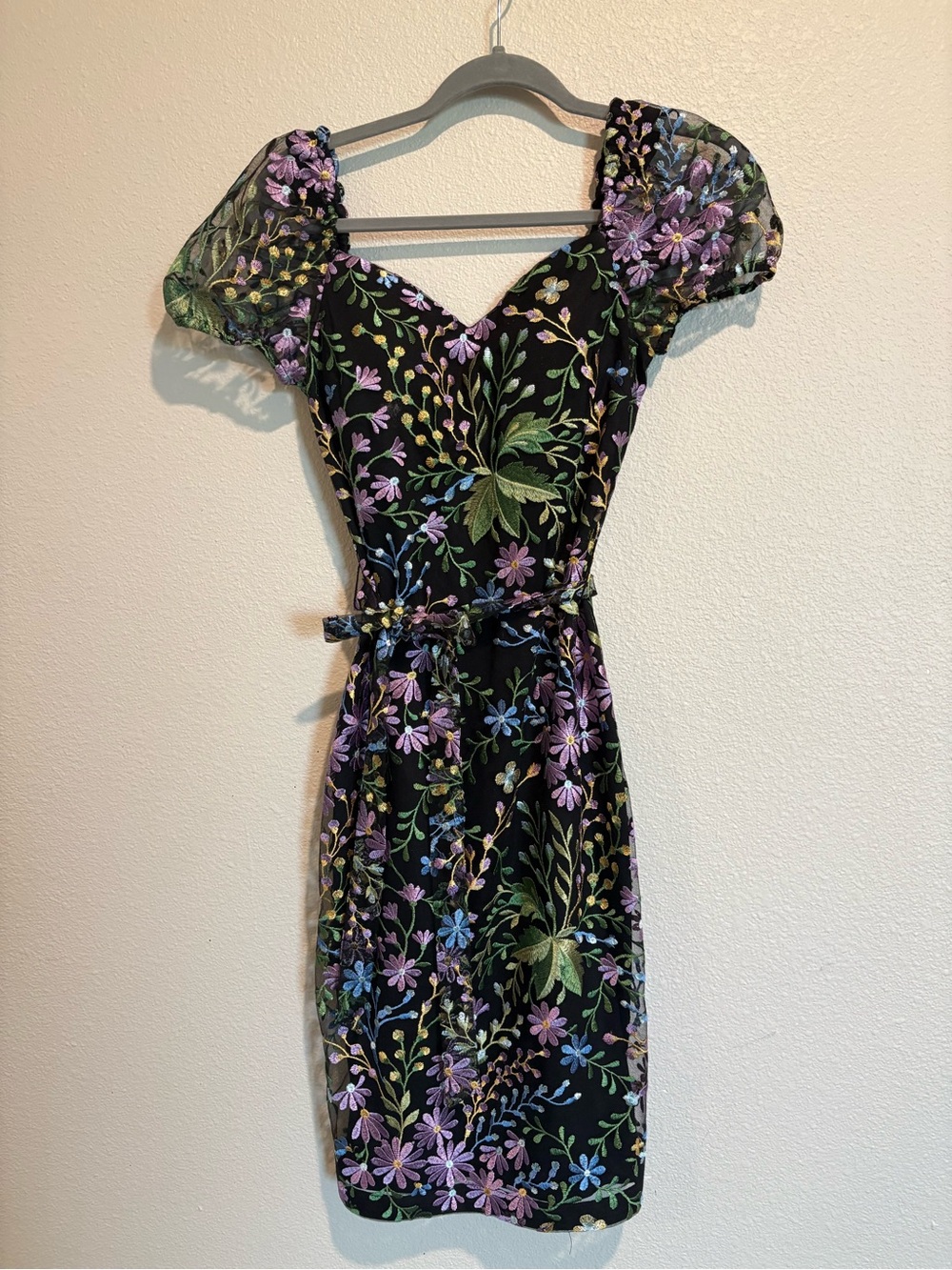 Floral Puff-Sleeve Black Dress with Lavender & Green Embroidery Built in Bra